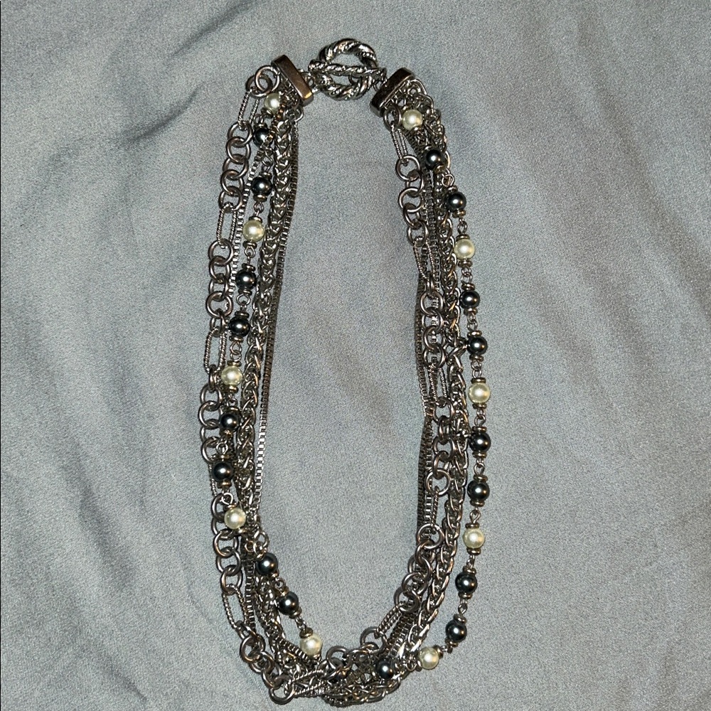 Multi-Strand Silver and Pearl Necklace - Women Jewelry
